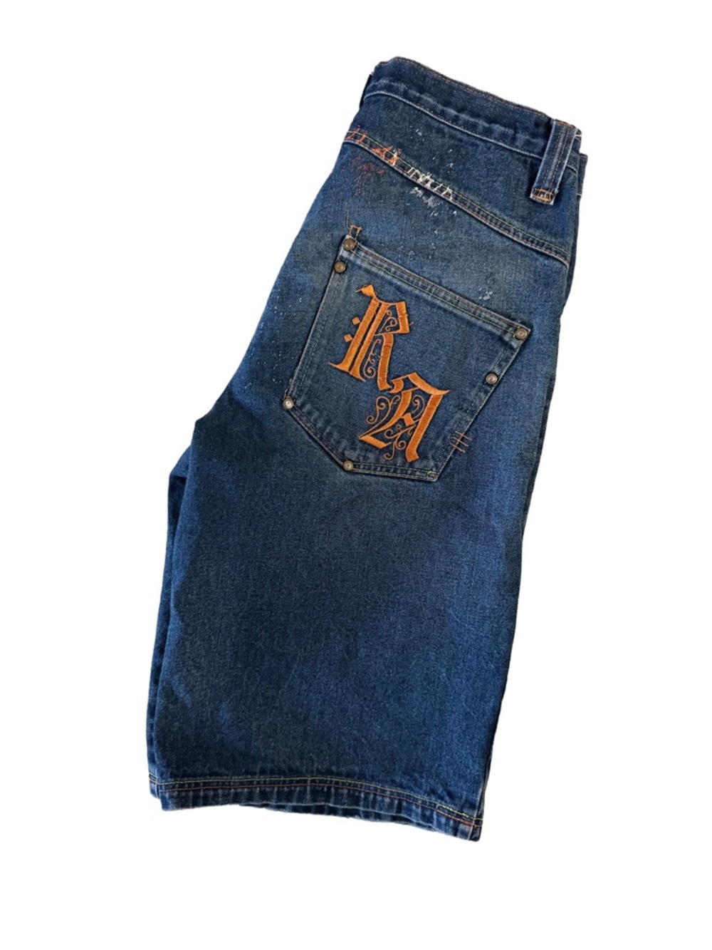 Red Ape Men's Denim Shorts with Embroidery and Paint Splatter Details | 32